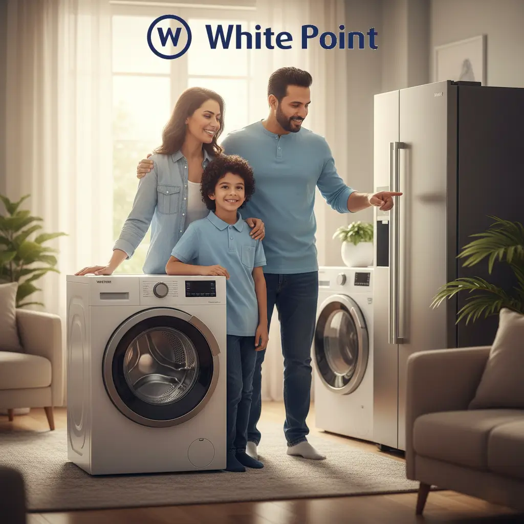 عائلة سعيدة بجوار أجهزة وايت بوينت التي تعمل بكفاءة بعد الصيانة.