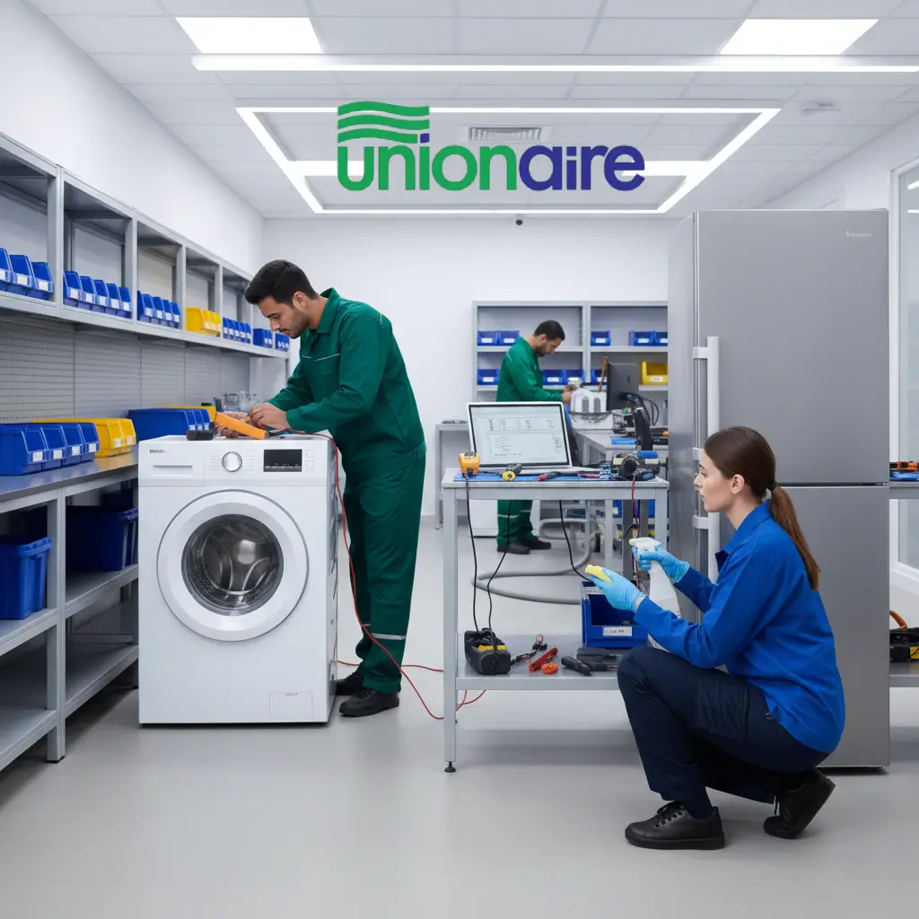 فنيون يعملون في مختبر الأجهزة تصليح أعطال غسالة يونيون اير الشائعة