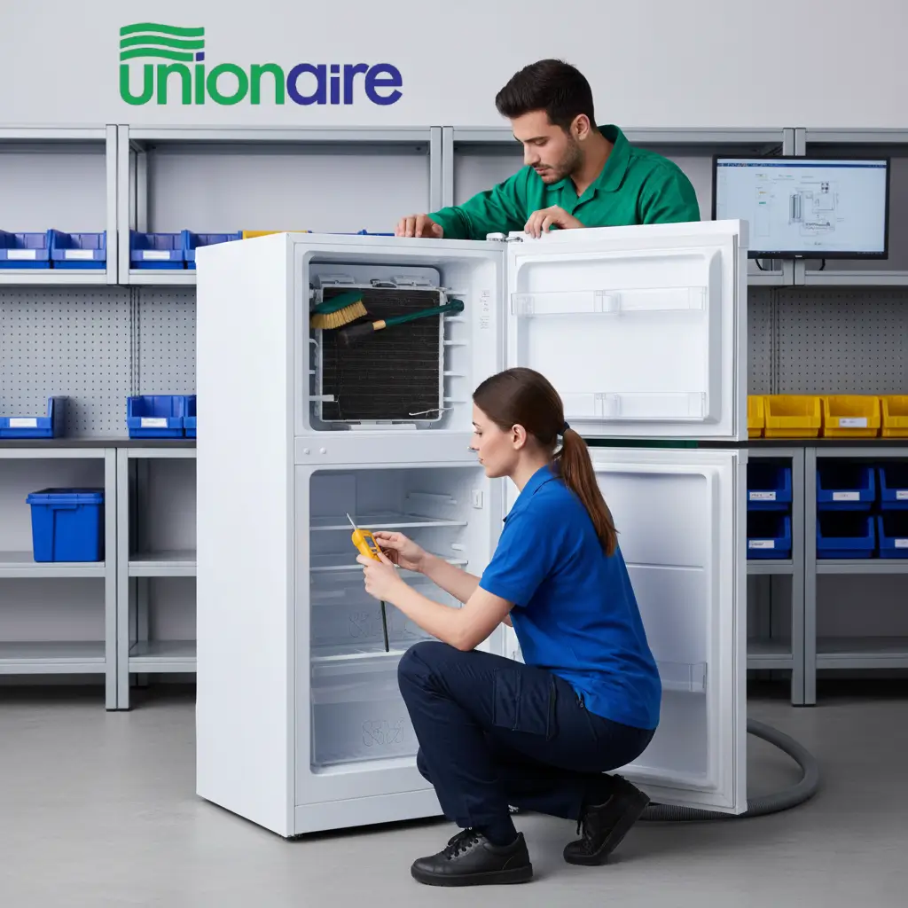 فنيان يصلحان ثلاجة بيضاء تنظيف داخل ثلاجة يونيون اير.