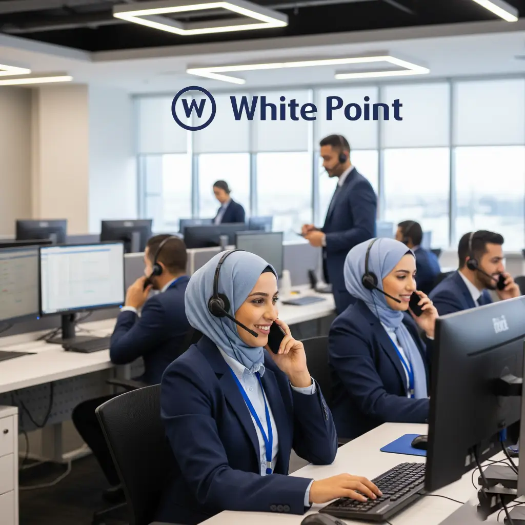 فريق خدمه عملاء وايت بوينت يستقبل اتصالات العملاء في مركز الاتصال.