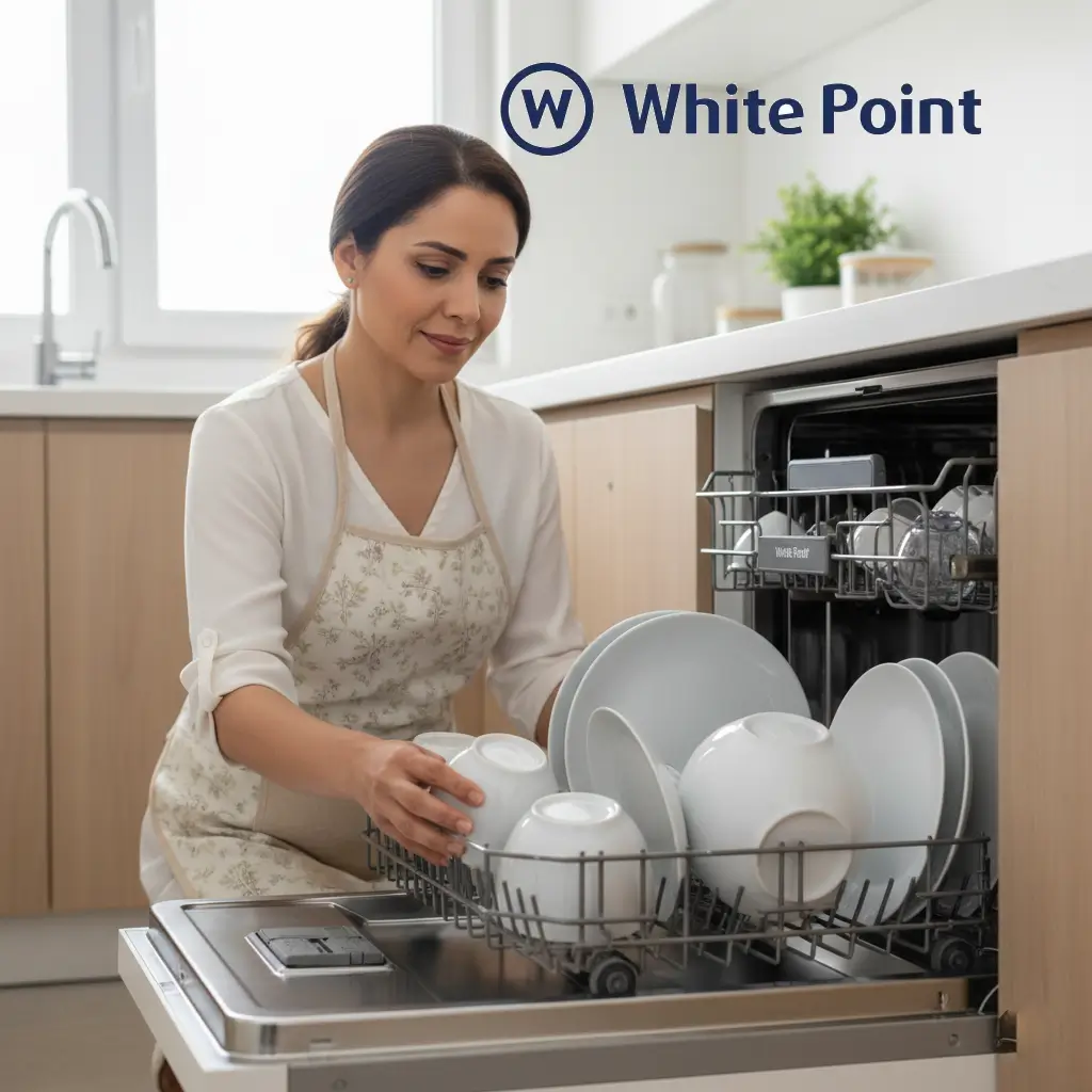 سيدة منزل تقوم بترتيب الأواني في غسالة اطباق وايت بوينت قبل التشغيل.