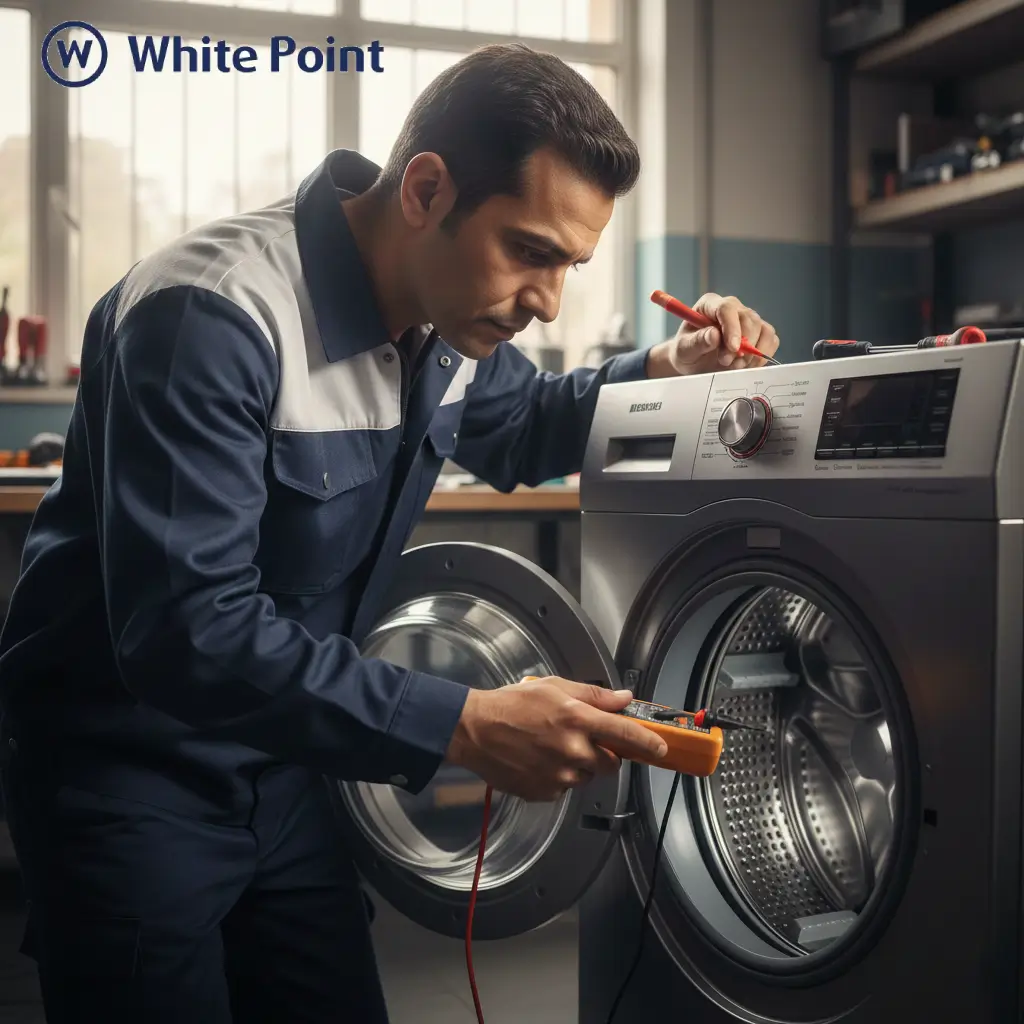 فني متخصص يقوم بـ صيانة غسالات وايت بوينت وفحص الأجزاء الداخلية.